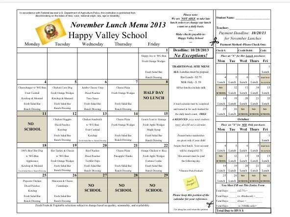 November Menu | Happy Valley School