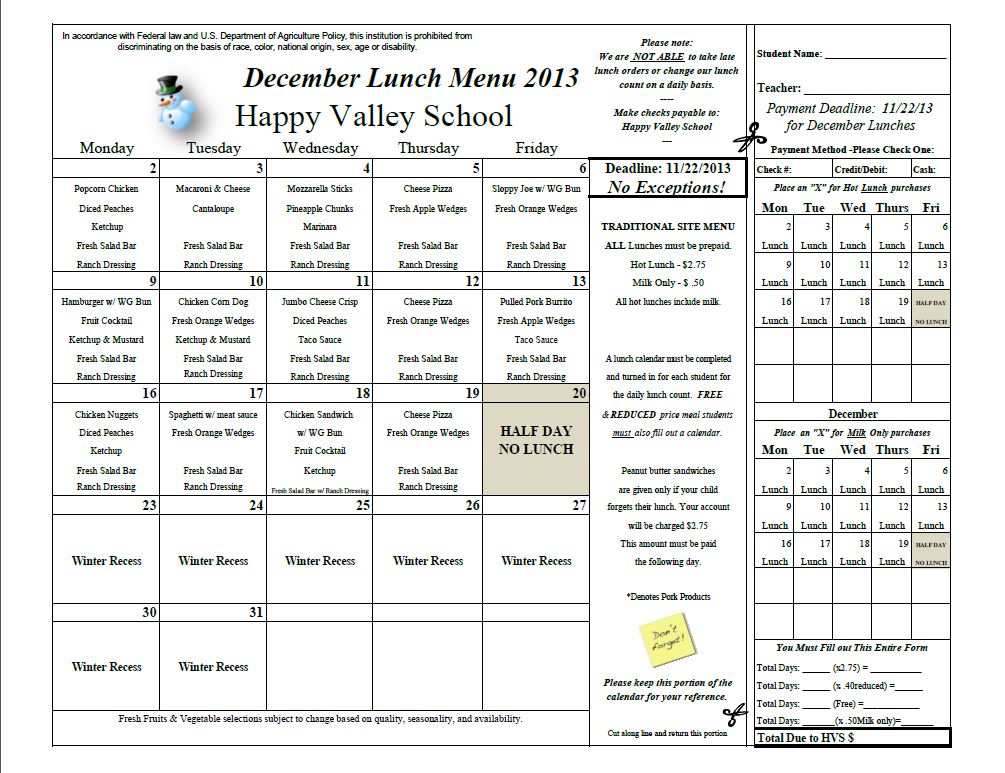 December Lunch Menu | Happy Valley School