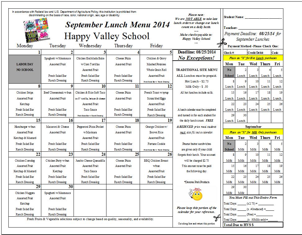 September Menu | Happy Valley School