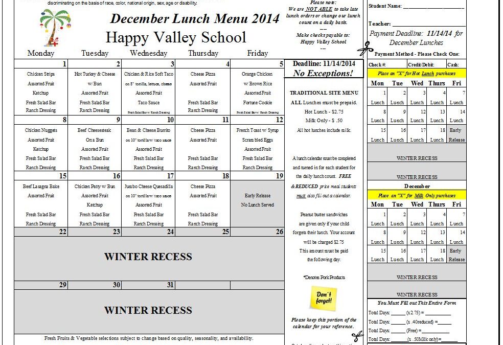 December Lunch Menu | Happy Valley School